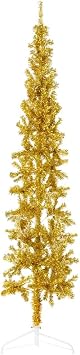 Slim Artificial Half Christmas Tree with Stand Gold 7 ft, Artificial Tree, Synthetic Christmas Tree, Easy Assembly, Realistic Look, Holiday Decor, Indoor Use