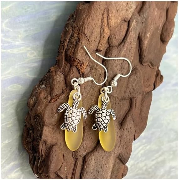 Seaglass with Turtle Dangle Earrings - Valentines Day Gifts for Women - Blue Drop Earrings - Image 5