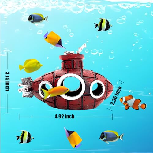 Image of Aquarium Decorations Submarine - Fish Tank Decor with Submarine, Fish Tank Accessories for Betta Fish, Cute Aquarium Ornament (Submarine Dark Red)