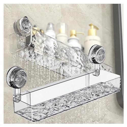 Corrugated Suction Cup Storage Holder Corner Shower Caddy Large Organizer Bathroom Shelf Clear Acrylic Shower Tray Shelves Inside Floating Shower Wall Shelf Bath Basket Rack Heavy Duty (Rect-Clear)