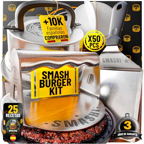SMASHI® Smash Burger Kit 5 Piezas Profesional Acero Inoxidable 304 | Smasher + Espátula 13 cm + Tapa para fundir Queso + 50 Papeles antuadherentes + Guía 25 Recetas (Experto)