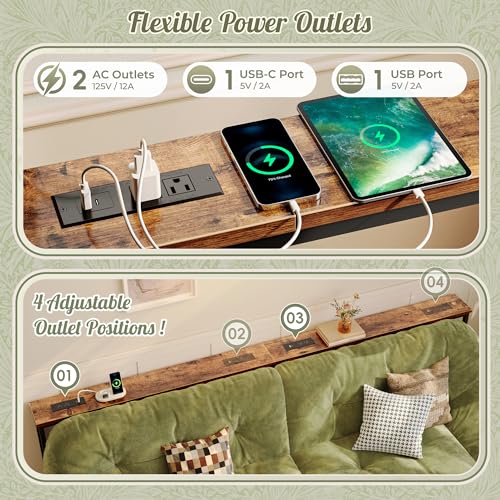Image of Huuger 102.4 Inch Sofa Table with Power Outlets, 23.9''-34.4'' Height Adjustable Range, Behind Couch Table with USB-C Ports, Sofa Tables Narrow Long, Skinny Console Table, Small Spaces, Rustic Brown