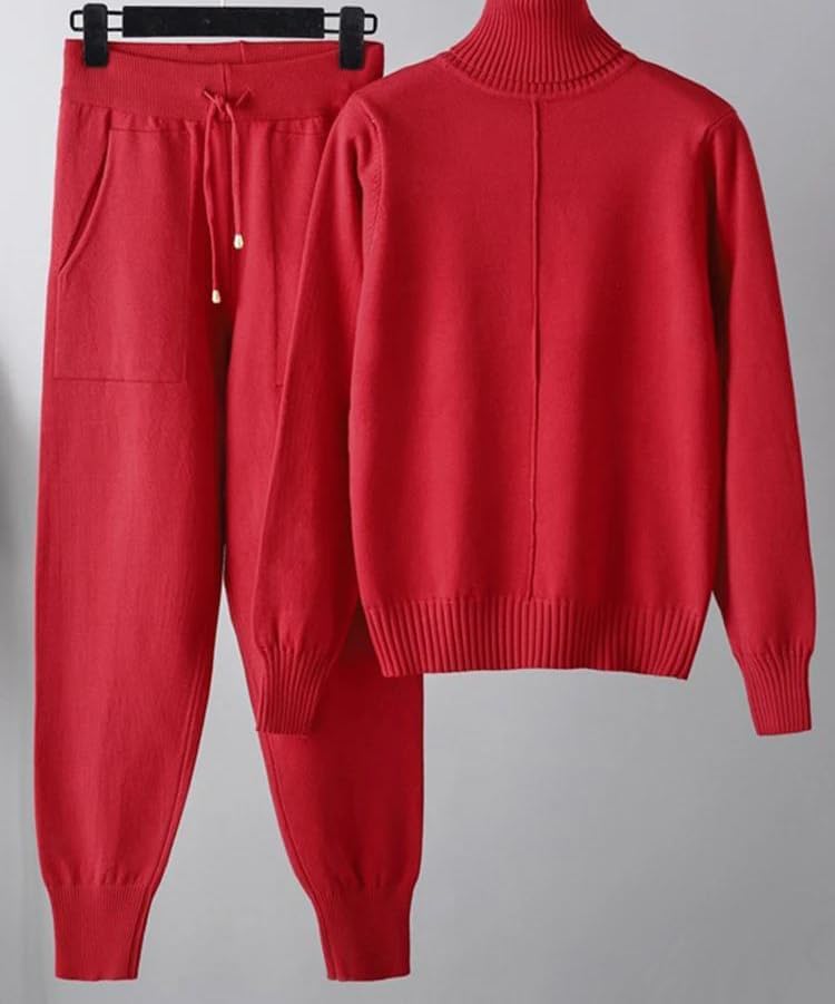 レディース 冬用 暖かいニットスーツ 無地 ハイネックセーターとロングハーレムパンツ トラックスーツ カジュアル 2ピースセット