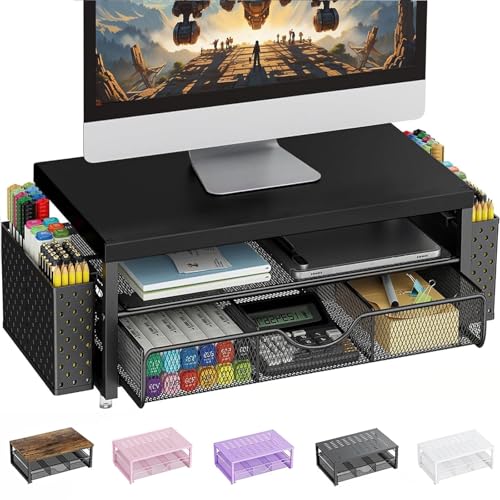 Pygocereri Monitorständer, Schreibtisch Organizer mit Schublade und 2 Stifthaltern, Monitor Erhöhung für Bildschirm und Laptop, ergonomischer Desktop Ständer für Büro Zubehör (W-Schwarz)