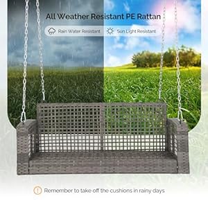 Vingli 4 ft rattan porch swing outdoor support 800 lbs with cushions adjustable chains patio wicker swing bench chair for garden yard lawn tree grey  urban country home decor