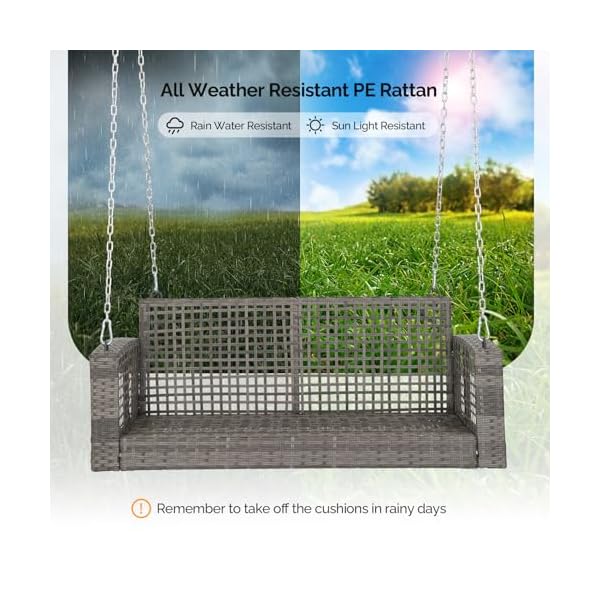 Vingli 4 ft rattan porch swing outdoor support 800 lbs with cushions adjustable chains patio wicker swing bench chair for garden yard lawn tree grey  urban country home decor