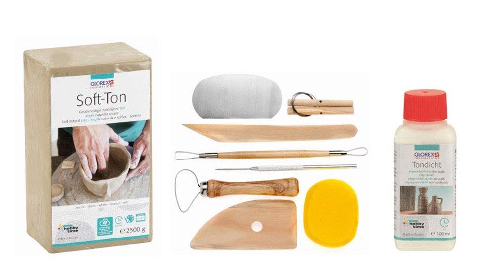 GLOREX 6 8075 299K - Set für Kreative: Soft Ton 2500 g in weiß, lufthärtend oder brennbar, 100 ml Tondicht und ein 8 teiliges Set mit strapazierfähigem Modellierwerkzeug