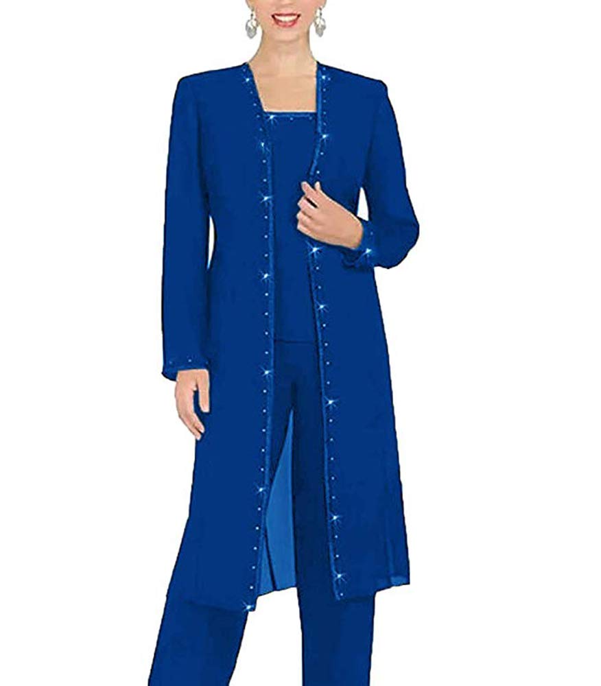 Pantalon 3 pièces en mousseline de soie avec perles pour mère de la mariée avec veste longue pour femme, bleu marine, 50