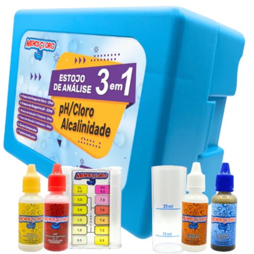 Kit de Teste 3 em 1 Menos Cloro – Medidor de pH, Cloro e Alcalinidade da Água | Estojo Reagente para Piscinas com Escala Colorida