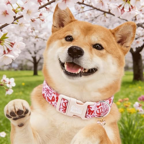 Image of Dog Collars, Cute Pink Bow Print Pet Collar Holiday Durable Adjustable Pendant Gift Collar with Quick Release Plastic Buckle for Large Dogs