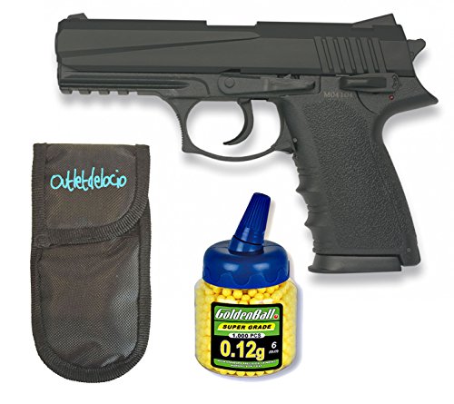 Outletdelocio. Pistola Airsoft HA126 Negra metálica. Calibre 6mm. + Funda portabalines + Biberon 1000 Bolas. 62781/23054/21993