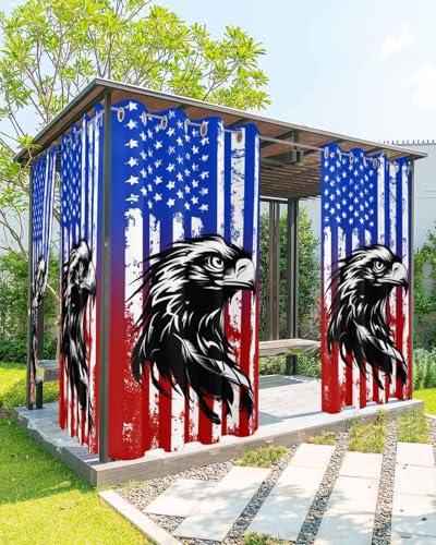Waterproof Outdoor Curtains for Patio Porch, Independence Day American Flag Grommet Curtain Panel Windproof Outside Curtains Tieback, July 4th Abstract Eagle Weighted Window Treatment Drapes