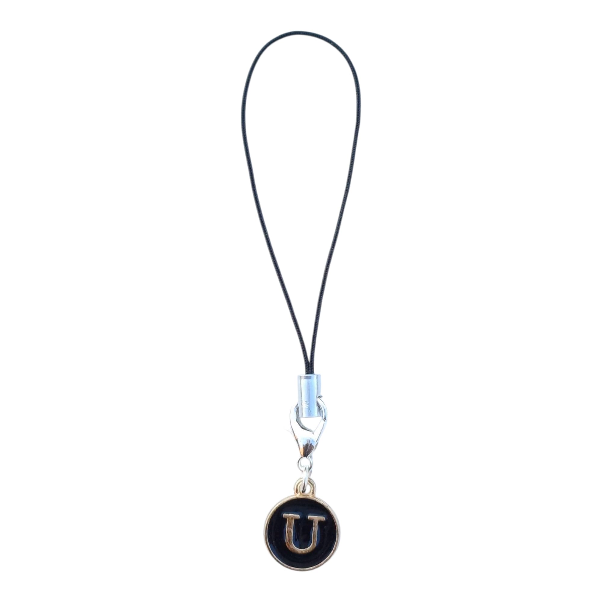 Initial Letter 'U' Phone Charm Black and Gold Pendant with Cord S | Adds a stylish decorative touch to phones, tablets, cameras, keychains, bags-image-42