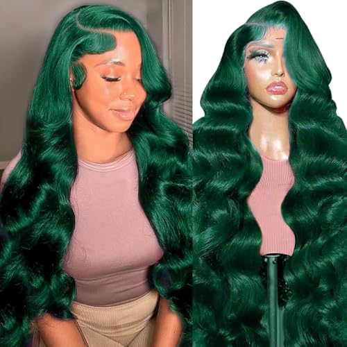 haha Dark Green 13x6 Lace Front Wig Human Hair Emerald Green Body Wave Transparent HD Lace Frontal Wig Pre Plucked Colored Glueless Human Hair Wigs For Women 180% Density 18 Inch