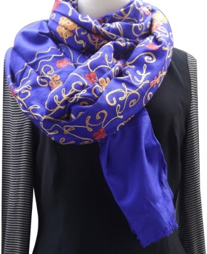 BLUE SCARF/ SHAWL - CASHMERE PASHMINA WRAP WITH ALL OVER CREWEL EMBROIDERY Size : 38" X 80"/1017