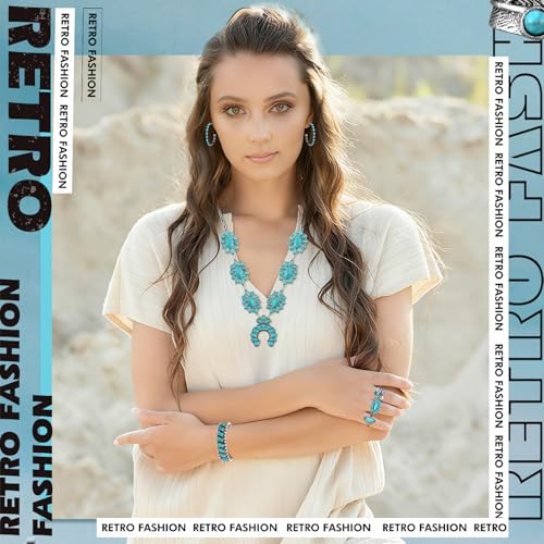 Image of Ecally Bohemian Western Jewelry Turquoise Set Women Country Pendant Long Choker Layered Bracelets Earrings Ring for Women