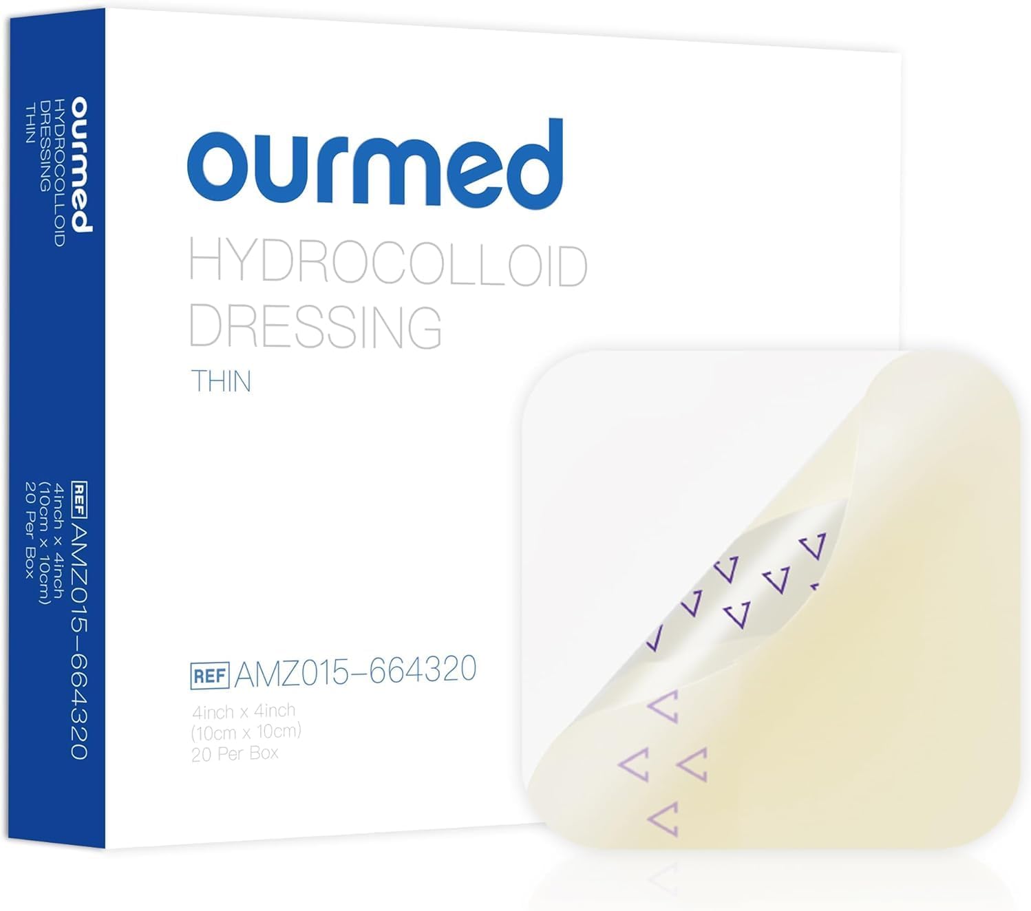 Ourmed Hydrocolloid Bandages Large 4" x 4", 20 Pack, Extra Thin Waterproof Wound Dressing with Adhesive for Light Exudate Wounds, Blisters, Acne, Superficial Wound Care