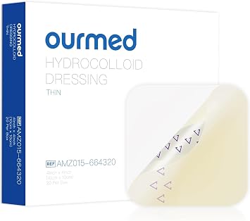 Ourmed Hydrocolloid Bandages Large 4" x 4", 20 Pack, Extra Thin Waterproof Wound Dressing with Adhesive for Light Exudate Wounds, Blisters, Acne, Superficial Wound Care