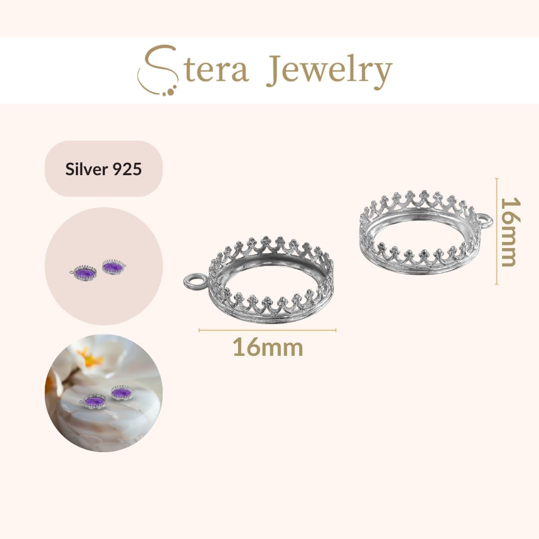 Stera Jewelry 925 Sterling Silver 12-18mm Bezel Round Crown Setting with Loop Findings
