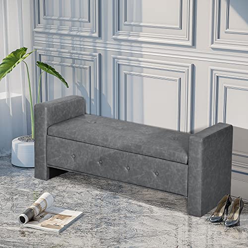 Homcom End Of Bed Bench, Storage Ottoman Bench With Soft Closing Hinged Lid, Faux Leather Upholstered Bench With Button Tufted Design And Armrests For Bedroom, Living Room, Gray #TOP6
