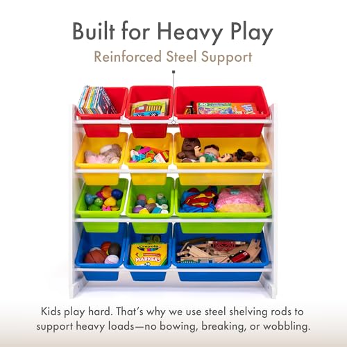 Humble Crew Toy Storage Organizer with 12 Removable Storage Bins for Kids Playroom, 4-Tier Toddler Toy Organization, White/Primary by Humble Crew - Image 4