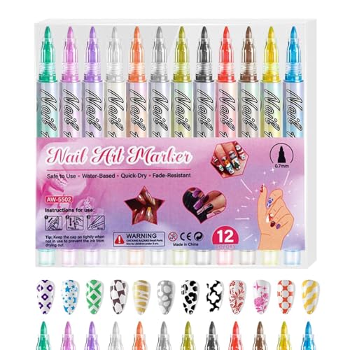 Lot de 12 marqueurs à ongles fins pour nail art portable