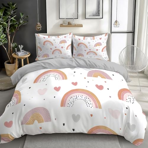 Duvet Cover King Size Cartoon Rainbow Love Reversible 3 Pieces Duvet Cover Set, Bedding Set for All Season, Soft and Breathable Bedding Set with Zipper Closure