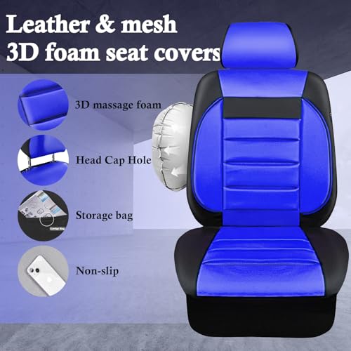Image of CAR PASS Leather Car Seat Covers Front Seats Only, Universal Fit Automotive Interior Waterproof 3D Foam Back Support Car Seat Covers for Trucks Vans and SUVs Airbag Compatible 2 Pieces Black Blue