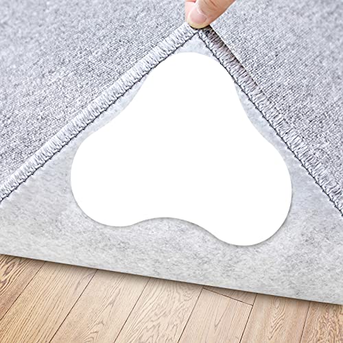 Rug Tape, 10 Pcs Double Sided Anti Curling Non Slip Reusable Rug Pad, Keep Your Rug in Place & Make Corner Flat, Washable Rug Tape for Hardwood Floors, Tile Floors, Carpets, Floor Mats (Peal white)