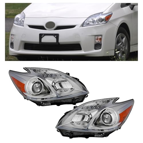 PIAOYUE- For 2010 2011 Toyota Prius Halogen Headlight Headlamp Left Driver+Right Passenger Side 1 Pair Chrome Housing Clear Lens