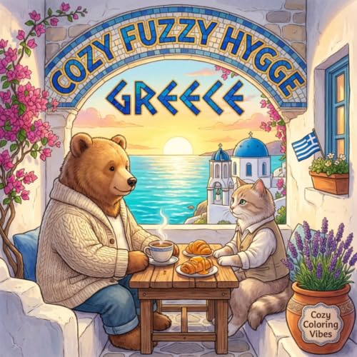Cozy Fuzzy Hygge Greece: Fun Easy Bold Line Designs Travel Coloring Book for Adults | Santorini Sunsets, Villages, Island Cafés & Cute Animals | ... Fuzzy Hygge World Travel for Stress Relief) image 2