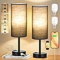Black Touch Table Lamps Set - 3 Way Dimmable Bedroom Bedside Lamps Set of 2 with USB C and A Ports, Small Lamps for Nightstand with AC Outlet, Round Flaxen Shade for Desk, Office, Dorm, Nursery