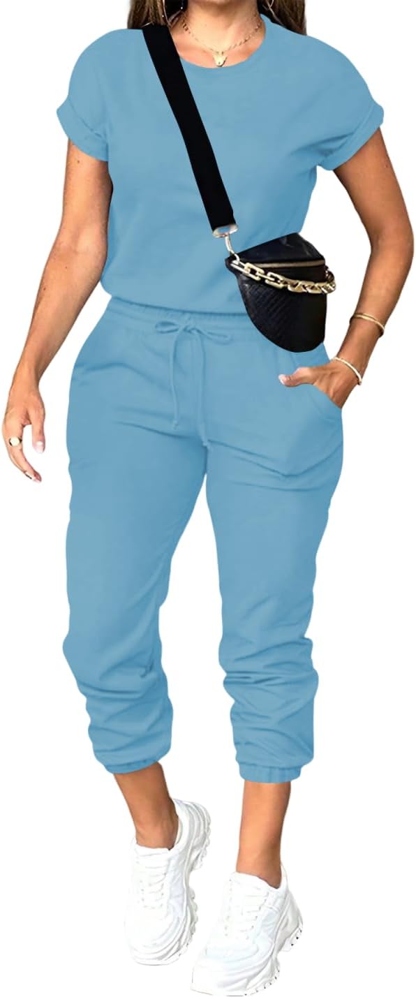 PINSV Women's 2 Piece Outfits Tracksuit Sets Short Sleeve Tops Jogger Pants with Pockets