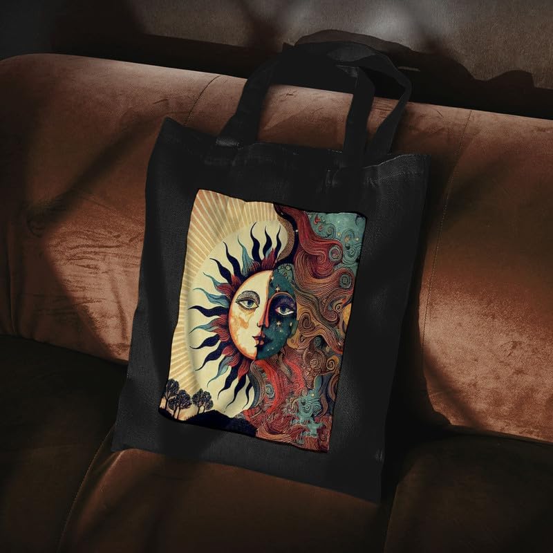 Image of Black Tote Bag With Pocket Printed Designed Canvas Tote Bags For Women large capacity,Tote bag For Shopping, College, Travel, More Canvas Handbag For Unisex Bag