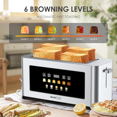 Image of Long Slot Toaster 4 Slice, Geek Chef 1.5 inch Touch Screen Extra Wide Slots for Bagels & Waffles, 6 Browning Levels, Reheat, Defrost, Cancel Function, Timer, Removable Crumb Tray, Stainless Steel