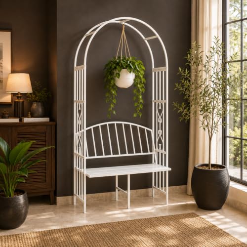 Image of ecofynd 6.6 Feet High x 3 Feet Wide Garden Arch with 2-Seater Bench, Metal Arbor Trellis for Climbing Plant with Outdoor Garden Chair, Backdrop Stand for Wedding Lawn Backyard Party Decor (GC001-WHT)