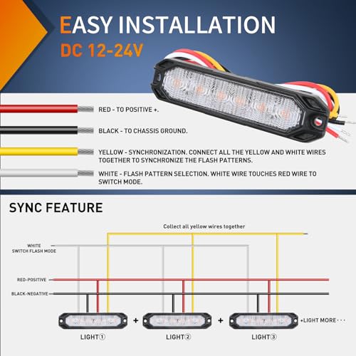 Image of Nilight 6LED Amber Emergency Strobe Lights Sync Feature Surface Mount | 12V 24V Grille Flashing Warning Hazard Light Ultra Slim for Cars Trucks Van Off Road Vehicles SUV 4PCS