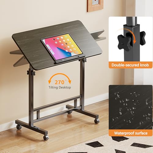 Image of Laptop Table Mobile Adjustable Height Portable Desk Notebook Swivel PC Computer Rolling Desk with Wheels, Laptop Stand for Couch Bedside Hospital Bed Table (Black Table)