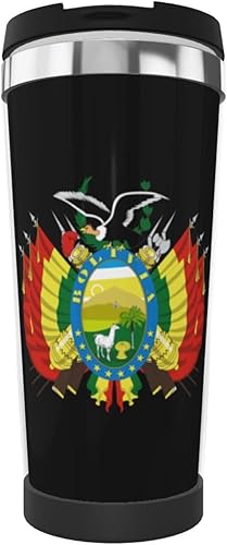 Escudo de armas de Bolivia - Taza de café de acero inoxidable con doble aislamiento al vacío con tapa a prueba de fugas, taza de café para viajes,