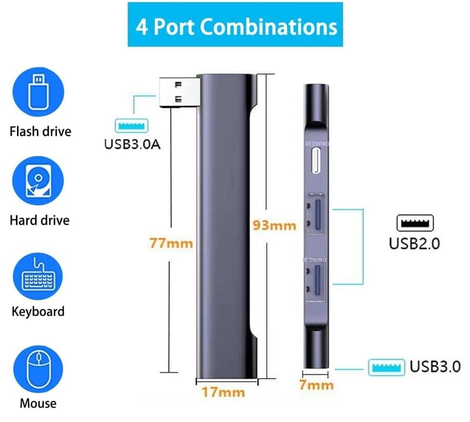 Image of REDWIND USB Hub 4-Port USB Multiport Adapter 1xUSB-C 60W Fast Charge 1xUSB 3.0 & 2xUSB 2.0 Ports for Laptop Windows MacBook PC Flash Drives HDD Printer Keyboard Mouse(USB to 3xUSb & 1USB-C Charge)