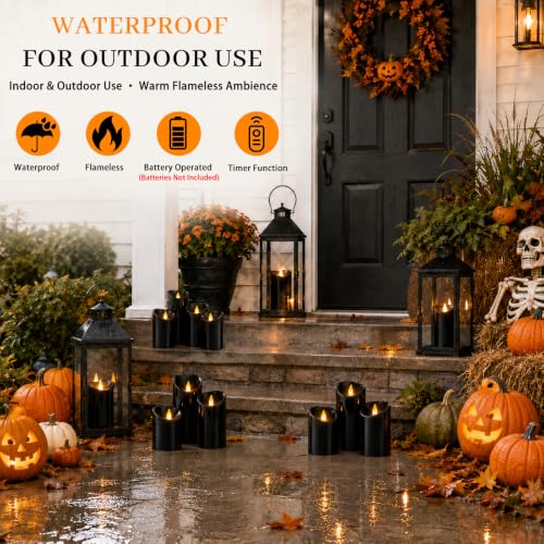 Image of Flameless Candles 4 inch 5 inch 6 inch Set of 3 Outdoor Indoor Black Pillars Battery Operated Flickering Candles with Cozy Climbing Flame Effect, 10-Key Remote Timer, Plastic LED Candles for Wedding Decor