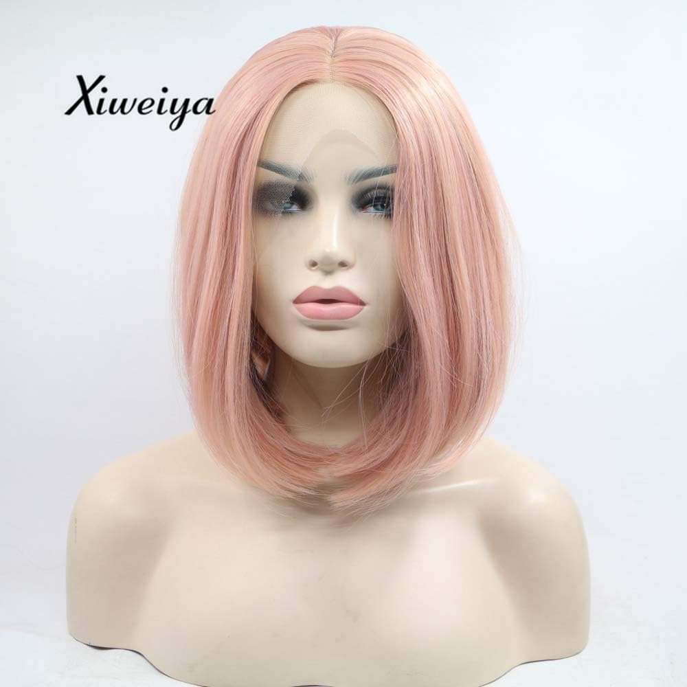 xiweiyaShort Bob Straight Hair Synthetic Lace Front Wigs Peach Red Wigs Gold Gold Pink Lace Front Wigs Heat Resistant Fiber Hair Wig For Women 14Inches