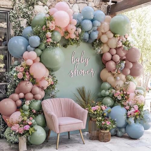 Pink Blue Green Balloon Arch Double Stuffed Dusty Light Green Baby Blue Blush Mauve Latex Pastel Balloon Garland Kit for Boho Baby Shower Birthday Fall Gender Reveal Floral Party Decoration