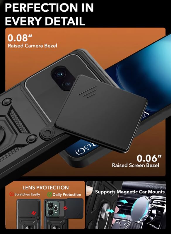 Image of Casodon Shockproof Back Case Cover for iQoo 15R 5G, Shockproof iQoo 15R Back Cover, Ring Case with Kickstand and Camera Protection Shutter - Black
