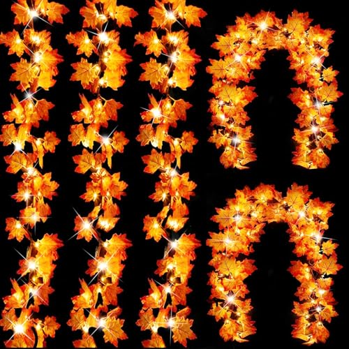 Fall Decor-5 Pack Total 50Ft 100LED Fall Garland Lights Fall Decorations for Home,Battery Operated&Waterproof with Enlarged Maple Leaves Garland for Thanksgiving Autumn Halloween Indoor Outdoor Decor