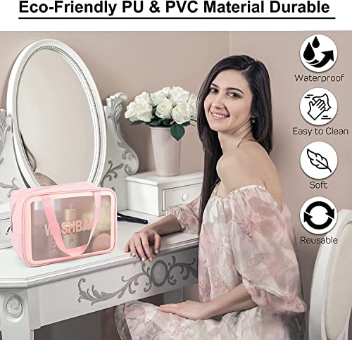 Image of KUKLAR Wash Bag Pouch for Travel Kit Toiletry Bag Cosmetic Bag Make Up Box for Brushes,Accessories with Handle,Large Capacity Translucent Waterproof Travel Storage Organizer Set of 1(Pink)
