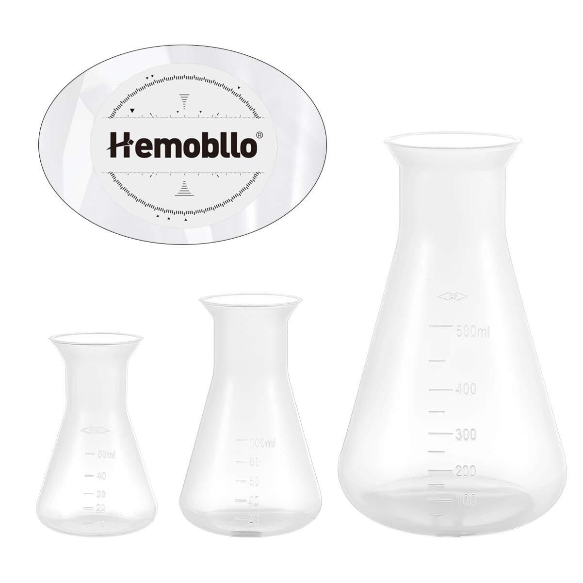 Juego de Matraces de Erlenmeyer - 3 piezas de Plástico para Laboratorio y Educación - 50ml, 100ml, 500ml