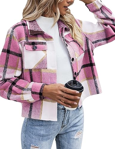 Image of Zeagoo Womens Jacket Cropped Flannel Wool Blend Shacket Fall Plaid Button Down Shirt 2026 Fashion Coat Tops