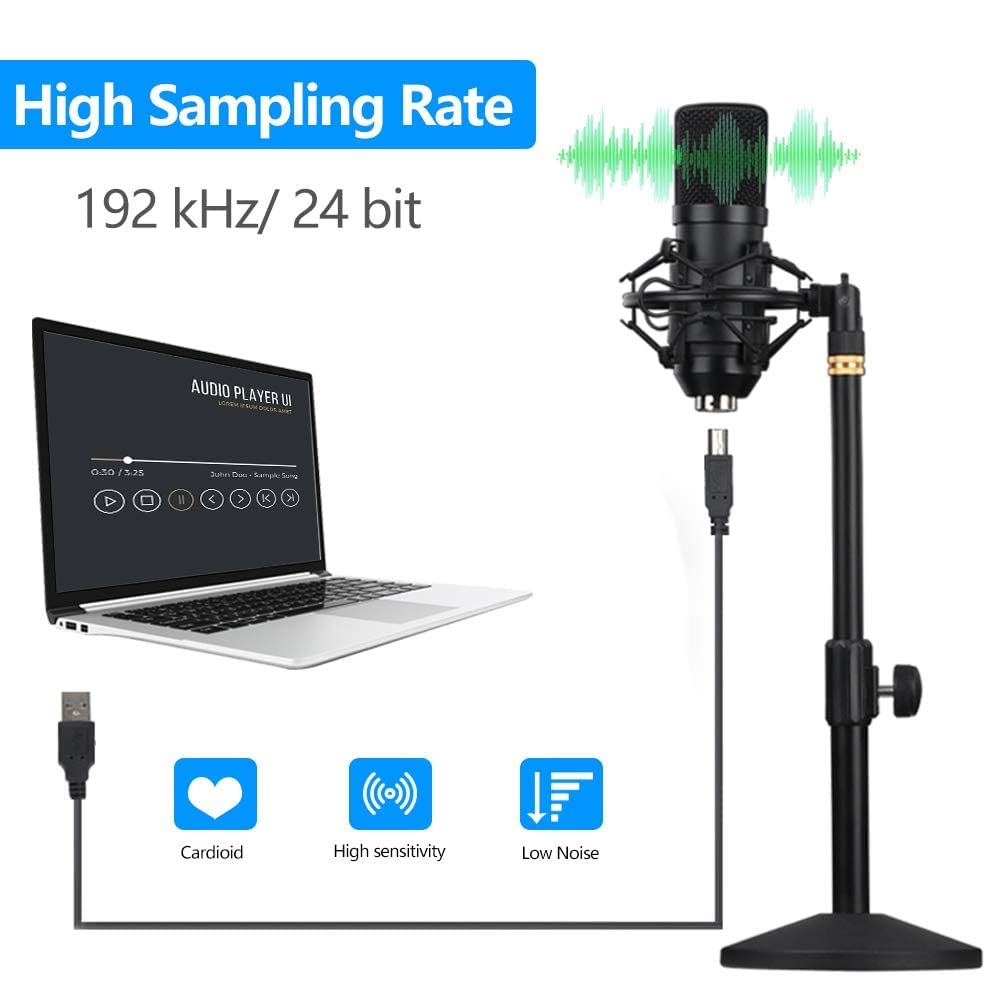 CEZO Kit de grabación de micrófono de condensador USB con soporte de escritorio, funda de aluminio y filtro pop, micrófono de condensador para YouTube, podcast, juegos, micrófono Plug & Play de