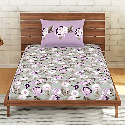 Image of Spaces Atrium Plus 210 TC 100% Cotton Single Bedsheet with 1 Pillow Cover (Floral, 60 inch X 88 inch Inches) - Grey